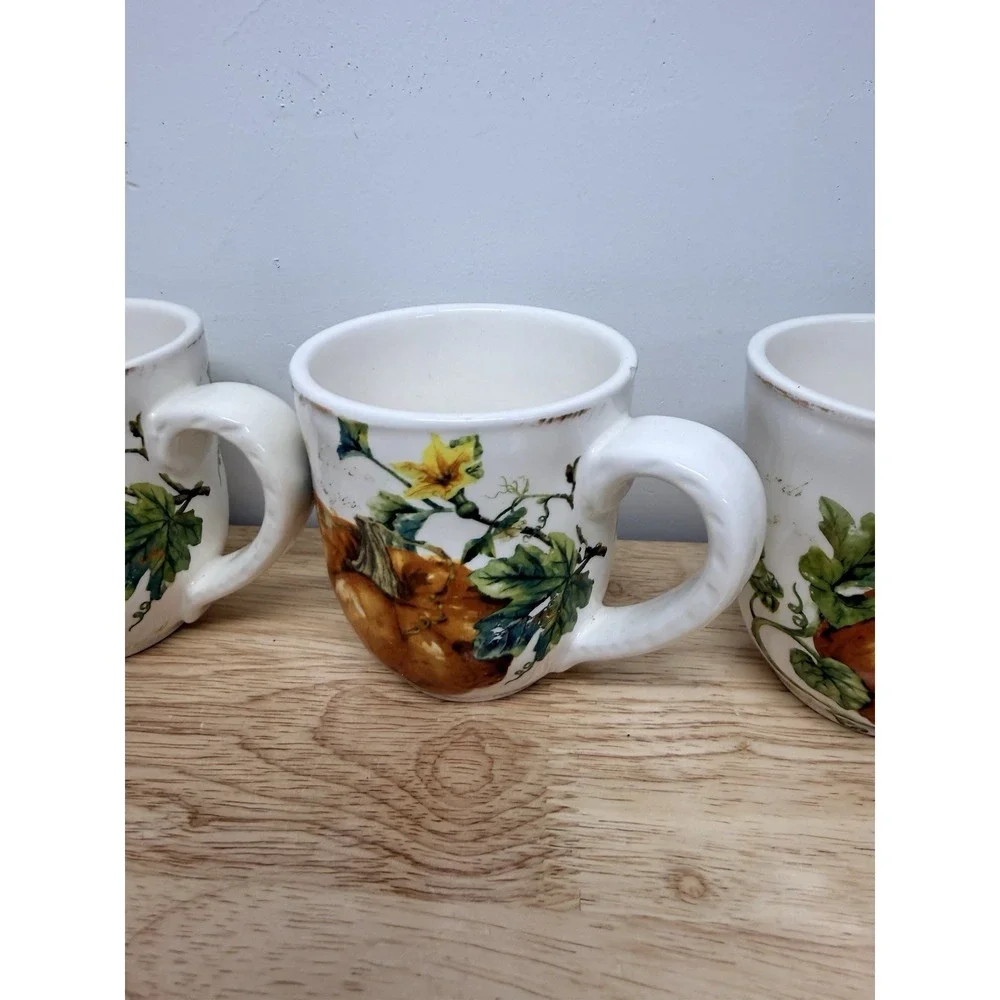 Lot (5) PIER 1 Mugs Cups Pumpkin Patch Watercolor Pumpkin Fall Excellent #68